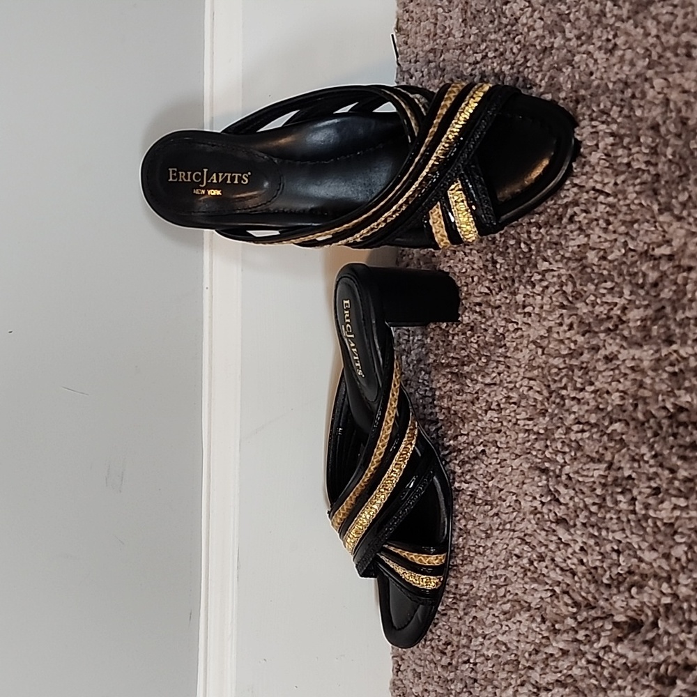 Eric Javits black/gold strappy slip on shoes-7N